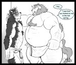  2019 abs anthro biceps blush body_hair canid canine canis chernobog chest_hair chest_tuft deadanthro dialogue duo english_text fur headband horkeukamui male mammal monster multicolored_fur muscular muscular_male pecs slightly_chubby text tokyo_afterschool_summoners towel tuft two_tone_fur video_games wolf 