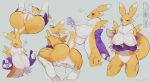  2019 bebebebebe breasts butt canid canine clothing digimon digimon_(species) duo female fur gloves hi_res mammal pussy renamon simple_background solo solo_focus spread_legs spreading white_background yellow_fur 