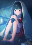  1girl absurdres bag_of_chips barefoot black_hair blanket blue_background blurry blurry_background blush brown_eyes controller highres indoors knees_up looking_at_viewer medium_hair open_mouth original red_shorts red_skirt remote_control senbei_no_kakera short_sleeves shorts sitting skirt striped striped_shorts 