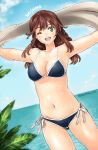  1girl ;d absurdres alternate_costume bikini black_bikini blue_sky breasts brown_hair character_name cleavage collarbone cowboy_shot day dutch_angle eyebrows_visible_through_hair green_eyes groin highres kantai_collection long_hair looking_at_viewer medium_breasts navel noshiro_(kantai_collection) notchi ocean one_eye_closed open_mouth outdoors outstretched_arms ribbon shiny shiny_hair side-tie_bikini sideboob sky smile solo standing swimsuit twitter_username white_ribbon 