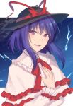  1girl :d asa_(coco) bangs black_headwear blue_hair blue_sky blush bow capelet commentary_request electricity eyebrows_visible_through_hair frilled_capelet frilled_shirt_collar frills hair_between_eyes hand_on_own_chest hat hat_bow long_sleeves looking_at_viewer nagae_iku neck_ribbon open_mouth purple_eyes red_bow red_neckwear red_ribbon ribbon shirt short_hair_with_long_locks sidelocks sky smile solo touhou upper_body white_background white_capelet white_shirt 
