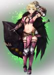  1girl anjanath_(armor) arm_up armor blonde_hair blue_eyes boots breasts cape cleavage eyebrows_visible_through_hair fireflies frofrofrost full_body fur_cape fur_trim gloves hammer high_ponytail highres huge_weapon large_breasts loincloth long_hair midriff monster_hunter monster_hunter:_world navel open_mouth pink_legwear ponytail salute sideboob simple_background smile solo thigh_boots thighhighs weapon 