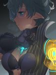  1girl adjusting_clothes bite_mark black_bra black_gloves blush bra breasts breath cleavage closed_mouth dark_background elbow_gloves gem glasses gloves grey_hair highres looking_away looking_down medium_breasts natto_soup nose_blush open_clothes pointy_ears profile rimless_eyewear round_eyewear saika_(xenoblade) short_hair solo striped sweat underboob underwear upper_body vertical_stripes xenoblade_(series) xenoblade_2 