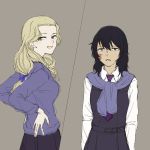  2girls andou_(girls_und_panzer) anmitsu_sd bc_freedom_school_uniform black_hair blonde_hair brown_eyes bruise bruise_on_face dark_skin eyebrows_visible_through_hair girls_und_panzer hand_on_hip highres injury long_hair looking_back medium_hair messy_hair multiple_girls open_mouth school_uniform simple_background smile tied_hair 