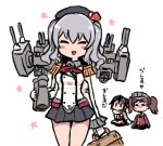  3girls basket beret binoculars black_headwear blush_stickers brown_hair closed_eyes commentary_request envy epaulettes gloves grey_skirt hat jacket kantai_collection kashima_(kantai_collection) long_sleeves lowres machinery military_jacket multiple_girls neckerchief pleated_skirt red_neckwear ryuujou_(kantai_collection) scarf school_uniform sendai_(kantai_collection) serafuku sidelocks silver_hair simple_background skirt solo_focus terrajin twintails wavy_hair white_background white_gloves white_jacket white_scarf 