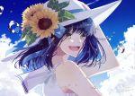  1girl arm_up bead_bracelet beads blue_hair blue_sky bracelet cloud day droplet earrings flower green_eyes hair_flower hair_ornament hand_to_hat jewelry medium_hair open_mouth original school_uniform seikai_meguru serafuku sky smile twitter_username upper_body white_headwear 