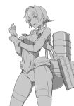  1girl adjusting_clothes adjusting_gloves arm_under_breasts bangs bare_shoulders bike_shorts breasts commentary commentary_request cowboy_shot elbow_pads eyebrows_visible_through_hair frown gloves greyscale hair_between_eyes hair_intakes highres kantai_collection kinu_(kantai_collection) machinery mast monochrome neck_ribbon no_jacket no_pants open_mouth partly_fingerless_gloves remodel_(kantai_collection) ribbon rigging sailor_collar short_hair simple_background skindentation smokestack solo strap tsukira_(amayadori) white_background 