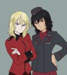  2girls andou_(girls_und_panzer) anmitsu_sd black_hair blonde_hair brown_eyes crossed_arms dark_skin eyebrows_visible_through_hair girls_und_panzer hand_on_hip head_tilt highres kuromorimine_military_uniform medium_hair messy_hair multiple_girls oshida_(girls_und_panzer) simple_background smile st._gloriana&#039;s_military_uniform 