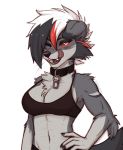  2019 anthro black_nose breasts canid canine canis clothed clothing digital_media_(artwork) female hi_res lyra_(nayeliefox) mammal nayeliefox open_mouth red_eyes simple_background smile solo standing teeth tongue white_background wolf 