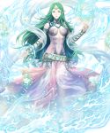  1girl armlet bangs bare_shoulders belt bracelet breasts closed_mouth dress fingernails fire_emblem fire_emblem:_kakusei fire_emblem:_monshou_no_nazo fire_emblem_heroes full_body gem green_eyes green_hair hands_up highres jewelry lips long_hair looking_at_viewer mamkute mayachise medium_breasts naga_(fire_emblem) navel non-web_source official_art pale_skin parted_bangs pointy_ears shiny shiny_hair sleeveless sleeveless_dress solo stomach tiara transparent_background turtleneck 
