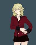  1girl anmitsu_sd blonde_hair blue_eyes breasts cleavage eyebrows_visible_through_hair frown girls_und_panzer hand_on_hip highres medium_hair messy_hair oshida_(girls_und_panzer) simple_background st._gloriana&#039;s_military_uniform unbuttoned unbuttoned_shirt 