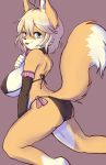  2018 5_fingers anthro armwear big_breasts bikini black_nose blonde_hair blue_eyes breasts butt canid canine clothing dipstick_tail elbow_gloves faeki_(character) female fox fur gloves hair kneeling mammal multicolored_tail pomelo portrait rear_view side_boob simple_background smile solo swimwear tan_fur tongue white_fur 