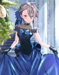  1girl ange_(princess_principal) black_gloves blue_bow blue_dress blue_eyes blush bow braid breasts dress gem gloves grey_hair hair_bow highres looking_at_viewer princess_principal short_hair skirt_hold small_breasts solo stairs standing toma_works 