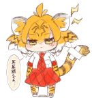  1girl :3 anger_vein animal_ear_fluff animal_ears animal_print bandaid_on_tail bangs black_hair blush chibi commentary crossed_bandaids elbow_gloves eyebrows_visible_through_hair eyes_visible_through_hair full_body gloves highres kemono_friends lightning_bolt looking_at_viewer medium_hair multicolored_hair necktie notora orange_hair print_gloves print_legwear red_neckwear red_skirt shirt short_sleeves simple_background sketch skirt solo speech_bubble tail tiger_(kemono_friends) tiger_ears tiger_print tiger_tail translated white_background white_hair white_shirt yellow_eyes 