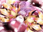  1girl blush breasts chibi claws collar fate/extra fate/extra_ccc fate/grand_order fate_(series) from_above gigantic_breasts hair_ribbon highres huge_breasts long_hair looking_at_viewer looking_up open_mouth passion_lip pink_eyes pink_ribbon purple_hair purple_ribbon ribbon solo suga_leon 