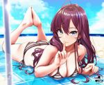  1girl ahoge bangs bare_shoulders blue_eyes blush breasts brown_hair cleavage closed_mouth collarbone highres ichinose_shiki idolmaster idolmaster_cinderella_girls infinote long_hair looking_at_viewer lying medium_breasts on_stomach smile solo wavy_hair 