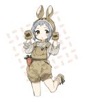  1girl animal_ears animal_hat blush_stickers boots brown_eyes brown_footwear brown_headwear brown_mittens bunny_ears bunny_hat fake_animal_ears food_background fur-trimmed_mittens fur_trim grey_hair grey_shirt hands_up hat highres idolmaster idolmaster_million_live! long_sleeves looking_at_viewer makabe_mizuki mittens overall_shorts parted_lips shirt short_hair simple_background solo spawnfoxy standing standing_on_one_leg white_background 