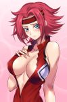  1girl blue_eyes blush breasts code_geass eyebrows_visible_through_hair headband highres kallen_stadtfeld large_breasts looking_at_viewer nasaniliu open_clothes red_hair red_headband short_hair simple_background solo 