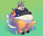  anthro antlers belly belly_jiggle bench big_belly bracelet brown_fur cervid clothed clothing dessert eric_(silentiron) food fur green_background hand_on_stomach hat headgear headwear holding_food holding_object hooves horn ice_cream jewelry kaijucrunch male mammal midriff moobs obese obese_male on_bench overweight overweight_male rainbow_bracelet rainbow_symbol simple_background sitting solo sweat sweatdrop thick_thighs tight_clothing white_fur wide_hips 