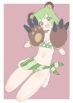  1girl absurdres animal_ear_fluff animal_ears animare ass_visible_through_thighs bangs bare_shoulders bear_ears bear_paws blush breasts cleavage donguri_suzume full_body gloves green_eyes green_hair green_swimsuit groin highres hinokuma_ran looking_at_viewer midriff navel paw_gloves paws pink_background round_teeth seiza simple_background sitting small_breasts smile solo swimsuit teeth thighs virtual_youtuber 