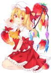 1girl :q absurdres blonde_hair blurry breasts cravat crystal depth_of_field eyebrows_visible_through_hair flandre_scarlet food food_background from_side fruit hair_between_eyes hat hat_ribbon highres holding holding_food holding_fruit juice licking_lips looking_at_viewer mob_cap petticoat puffy_short_sleeves puffy_sleeves red_eyes red_skirt red_vest ribbon seiza shirt short_hair short_sleeves side_ponytail simple_background sitting skirt skirt_set small_breasts solanikieru solo strawberry tongue tongue_out touhou vest white_background white_headwear white_shirt wings wrist_cuffs yellow_neckwear 