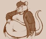  anthro belly belly_pinch big_belly buckteeth clothed clothing jacket leather leather_jacket male mammal marx50 monochrome moobs murid murine navel obese obese_male overweight overweight_male rat rodent smile smirk solo teeth topwear 