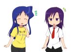  2girls aizawa_chizuru black_shorts blue_hair closed_eyes goshiki_agiri kill_me_baby long_hair multiple_girls nanchang necktie purple_hair school_uniform shinryaku!_ikamusume shirt short_sleeves shorts simple_background skirt t-shirt translation_request yellow_shirt 