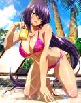  1girl :d antenna_hair bangs bikini bottle breasts cleavage collarbone day floral_print grey_eyes highres holding holding_bottle ikkitousen kan&#039;u_unchou kneeling large_breasts long_hair looking_at_viewer lotion_bottle open_mouth outdoors palm_tree pink_bikini print_bikini purple_hair shiny shiny_hair side-tie_bikini sideboob smile solo sparkle swept_bangs swimsuit tree very_long_hair 