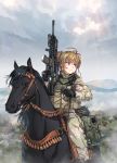 1girl ammunition assault_rifle bandana black_gloves blue_eyes commentary_request day fatigues field gloves grass gun highres holding holding_gun holding_weapon horse kws m4_carbine military mountain multicolored_hair original outdoors rifle rock saddlebags sky solo weapon 