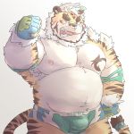  1:1 2019 anthro belly bottomwear bulge clothing felid hi_res hombretigre humanoid_hands male mammal meimei_kia moobs nipples one_eye_closed overweight overweight_male pantherine shorts simple_background solo teeth tiger tokyo_afterschool_summoners video_games white_background wink wrestling 
