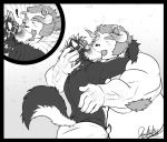  anthro body_hair canid canine canis chernobog chest_hair chest_tuft deadanthro duo fur headband horkeukamui kissing male male/male mammal monster multicolored_fur muscular muscular_male signature slightly_chubby tokyo_afterschool_summoners towel tuft two_tone_fur video_games wolf 