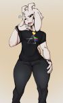  anthro asriel_dreemurr asriel_dreemurr_(god_form) avante92 boss_monster bovid caprine clothed clothing fur hand_on_thigh hi_res looking_at_viewer male mammal open_mouth pants shirt simple_background standing topwear undertale video_games white_fur 