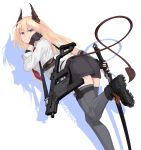  1girl absurdres blonde_hair blue_eyes boots commentary demon_tail drop_shadow english_commentary fingerless_gloves gloves gun highres holding holding_sword holding_weapon horns kriss_vector long_hair original short_shorts shorts skindentation solo submachine_gun sword tail thighhighs vectorek weapon white_background 