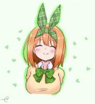  1girl bangs blush bow breasts brown_hair brown_sweater closed_eyes closed_mouth collared_shirt commentary_request cropped_torso eyebrows_visible_through_hair facing_viewer go-toubun_no_hanayome green_background green_bow green_ribbon hair_between_eyes hair_ribbon heart heart_background highres kujou_karasuma medium_breasts nakano_yotsuba plaid plaid_ribbon ribbon shirt signature smile solo sweater upper_body white_shirt 