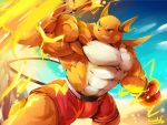  2019 4:3 abs anthro biceps big_muscles clothing fur male mammal muscular muscular_male nintendo pecs pok&eacute;mon pok&eacute;mon_(species) raichu simple_background video_games waddledox 