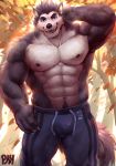  2019 abs absurd_res anthro biceps canid canine canis clothed clothing digital_media_(artwork) fur hi_res male mammal muscular muscular_male nipples pecs physen topless 