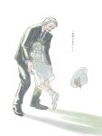  1boy 1girl bacher closed_mouth commentary_request dress formal hat height_difference hug metal_gear_(series) metal_gear_solid old_snake short_hair silver_hair simple_background solid_snake suit sunny_gurlukovich white_background white_dress white_hair 