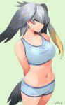  1girl arms_behind_back bird_tail blue_bra blue_shorts bra breasts closed_mouth collarbone commentary_request cowboy_shot dated eyebrows_visible_through_hair eyes_visible_through_hair frown green_eyes grey_background grey_hair happa_(cloverppd) head_wings kemono_friends large_breasts navel sanpaku shoebill_(kemono_friends) shorts signature simple_background single_sidelock solo sports_bra tail tsurime underwear underwear_only 