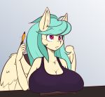  anthro big_breasts breasts cleavage clothed clothing equid equine fan_character female hi_res mammal my_little_pony ostria_chime_(oc) pterippus purple_eyes scorpdk solo stylus tablet wings 