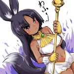  &gt;:( 1girl animal_ear_fluff animal_ears anubis aura bangs bare_shoulders black_hair blush breasts closed_mouth crop_top dark_aura dark_skin dog_ears dog_girl dog_tail dutch_angle egyptian egyptian_clothes fingerless_gloves frown gloves holding holding_staff long_hair medium_breasts navel original parted_bangs purple_eyes short_eyebrows skirt solo staff tail thick_eyebrows u-non_(annon&#039;an) underboob v-shaped_eyebrows very_long_hair white_background white_skirt yellow_gloves 