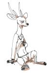  2019 ambiguous_gender anthro antlers arm_support barefoot blush cervid cheek_tuft chest_tuft clothed clothing clothing_lift fuel_(artist) half-closed_eyes head_tuft horn knee_tuft mammal markings micah_(fuel) shirt shirt_lift simple_background sitting smile socks_(marking) solo topwear tuft white_background 