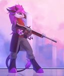  2019 absurd_res ambiguous_gender anthro avian barefoot beak black_beak city cityscape clothed clothing digital_media_(artwork) gun hair hi_res hippogryph holding_object holding_weapon hooves pink_hair purple_eyes purple_hair ranged_weapon rifle rublegun solo standing tail_tuft trigger_discipline tuft weapon 