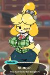  2019 animal_crossing anthro big_breasts black_eyes black_nose blonde_hair blush bottomwear breasts canid canine canis clothing dialogue dipstick_tail domestic_dog english_text female floppy_ears fur hair hair_ornament hi_res holding_breast isabelle_(animal_crossing) lollipopcon looking_at_viewer mammal multicolored_tail nintendo one_eye_closed skirt solo speech_bubble text thick_thighs url video_games white_fur wide_hips wink yellow_fur 
