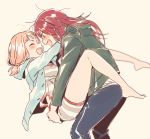  2girls :d ^_^ ahoge bang_dream! bangs barefoot beige_background between_legs blue_jacket blue_pants blush closed_eyes face-to-face fangs green_jacket hood hood_down hooded_jacket hug jacket long_hair long_sleeves multiple_girls open_mouth pants pink_hair re_ghotion red_hair shirt shorts smile striped striped_shirt striped_shorts sweatdrop twintails udagawa_tomoe uehara_himari yuri 