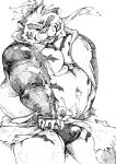  2017 5_fingers anthro bulge clothing eyebrows eyes_closed felid flower fur grin halco777 hi_res jacket magan male mammal musclegut muscular muscular_male navel pantherine plant ponytail pose simple_background sleeves smile solo striped_fur stripes swimwear tiger tokyo_afterschool_summoners topwear video_games 