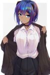  1girl bangs black_cardigan black_choker black_hairband blue_eyes blush breasts cardigan choker commentary_request cowboy_shot dark_skin dress_shirt eyebrows_behind_hair fate/grand_order fate_(series) hair_between_eyes hair_ornament hairband hairclip hassan_of_serenity_(fate) highres open_mouth pleated_skirt purple_hair shirt shirt_tucked_in short_hair shunga_(shun608) simple_background skirt solo tan undressing uniform white_shirt 