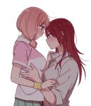  2girls adjusting_another&#039;s_clothes bang_dream! bangs blush collared_shirt from_side long_hair looking_at_another low_twintails multiple_girls pink_hair polo_shirt re_ghotion red_hair shirt short_sleeves simple_background twintails udagawa_tomoe uehara_himari upper_body white_background white_shirt wristband yuri 