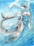  anthro blue_eyes breasts clothing female fish grey_scales hair heather_bruton jaws_(film) marine non-mammal_breasts scales shark solo swimming swimwear universal_studios water wave white_hair white_scales 