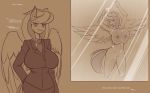  anthro areola blush breasts clothing dialogue english_text equid equine female hi_res mammal monochrome my_little_pony nipples nude on_glass ostria_chime_(oc) presentation pterippus scorpdk sepia soap suit text water wet wings 