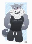  2019 anthro biceps black_nose blush boosterpang canid canine canis clothing digital_media_(artwork) fur male mammal muscular muscular_male simple_background 